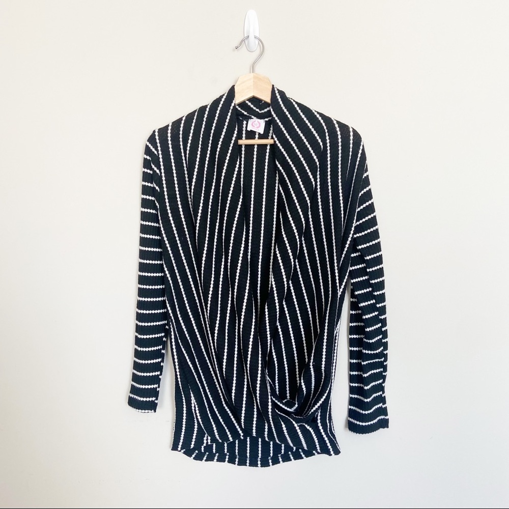 Wanna B Black and White Striped Open Front Sweater Blouse
